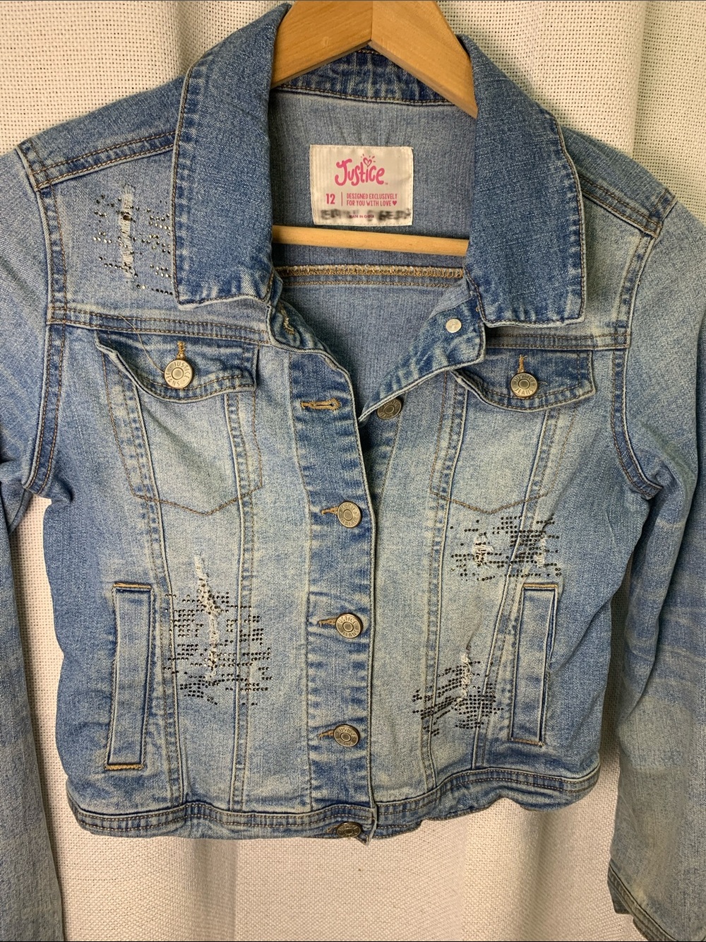 Justice Light Blue Distressed Denim Jacket with Stud Accents